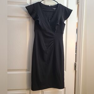 DKNY Black V-Neck Flutter Sleeve Midi Dress